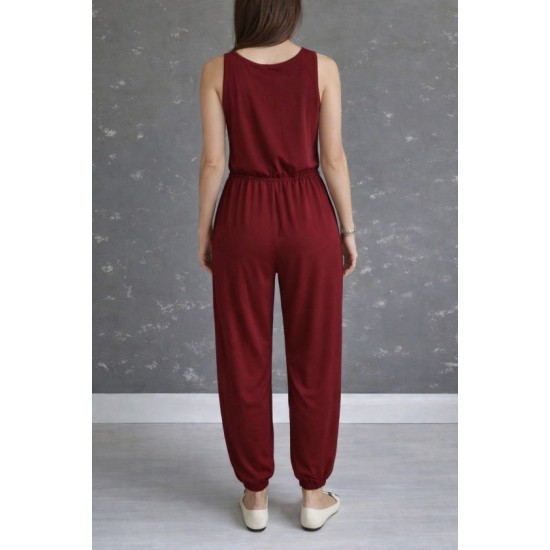 Kadın Askılı Yuvarlak Yakalı Cepli Viskon Tulum, 32897