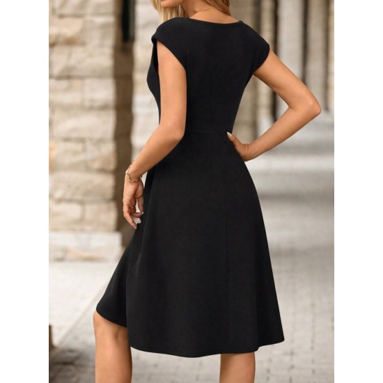 Kadın Yarım Ay Kollu Yakası Acık Kemersiz Midi Ithal Krep Elbise, 32892