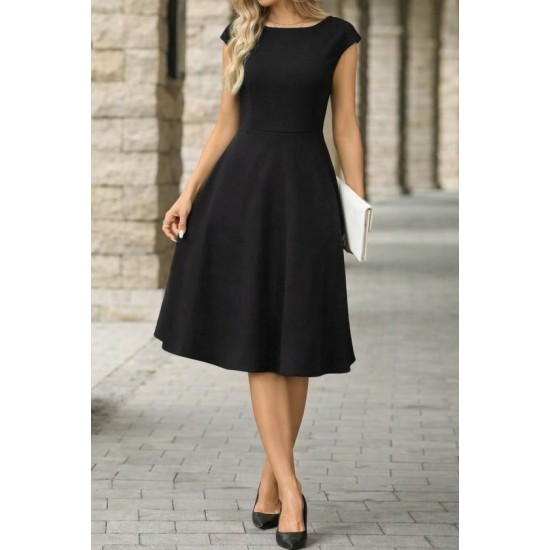 Kadın Yarım Ay Kollu Yakası Acık Kemersiz Midi Ithal Krep Elbise, 32892