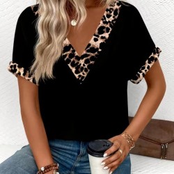 Kadın Kısa Kollu V Leopar Yakalı Viskon Bluz, 32891