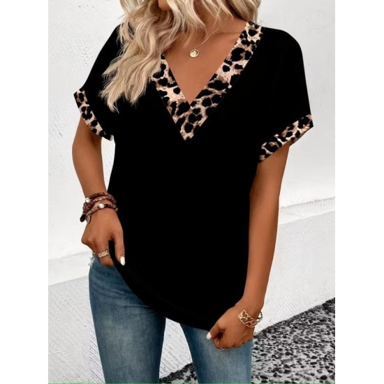 Kadın Kısa Kollu V Leopar Yakalı Viskon Bluz, 32891