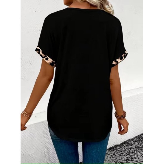 Kadın Kısa Kollu V Leopar Yakalı Viskon Bluz, 32891