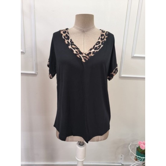 Kadın Kısa Kollu V Leopar Yakalı Viskon Bluz, 32891