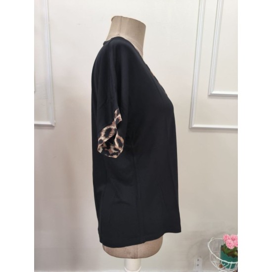 Kadın Kısa Kollu V Leopar Yakalı Viskon Bluz, 32891