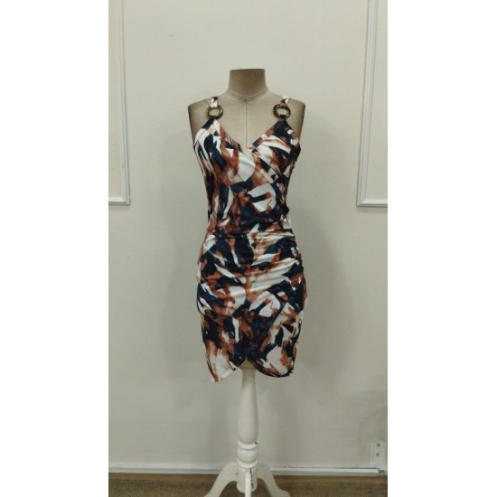 Kadın Askılı Halka Detaylı Kruvaze Yakalı Desenli Süprem Kısa Elbise, 32890