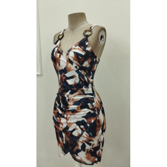 Kadın Askılı Halka Detaylı Kruvaze Yakalı Desenli Süprem Kısa Elbise, 32890