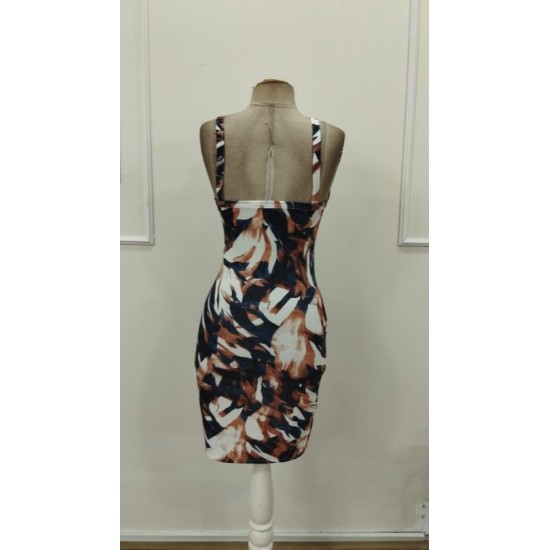 Kadın Askılı Halka Detaylı Kruvaze Yakalı Desenli Süprem Kısa Elbise, 32890