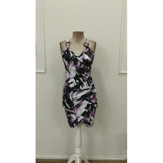 Kadın Askılı Halka Detaylı Kruvaze Yakalı Desenli Süprem Kısa Elbise, 32889