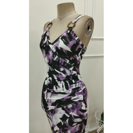 Kadın Askılı Halka Detaylı Kruvaze Yakalı Desenli Süprem Kısa Elbise, 32889