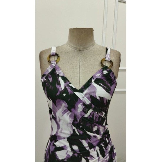 Kadın Askılı Halka Detaylı Kruvaze Yakalı Desenli Süprem Kısa Elbise, 32889