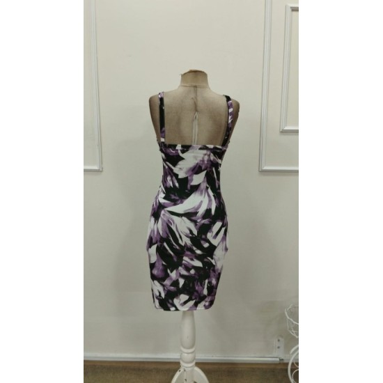 Kadın Askılı Halka Detaylı Kruvaze Yakalı Desenli Süprem Kısa Elbise, 32889