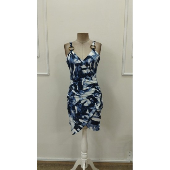 Kadın Askılı Halka Detaylı Kruvaze Yakalı Desenli Süprem Kısa Elbise, 32887