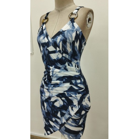 Kadın Askılı Halka Detaylı Kruvaze Yakalı Desenli Süprem Kısa Elbise, 32887