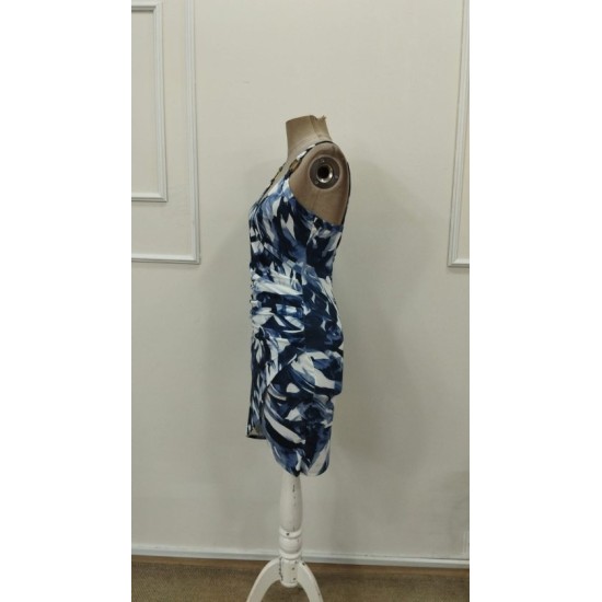 Kadın Askılı Halka Detaylı Kruvaze Yakalı Desenli Süprem Kısa Elbise, 32887