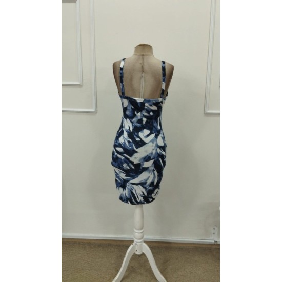 Kadın Askılı Halka Detaylı Kruvaze Yakalı Desenli Süprem Kısa Elbise, 32887