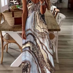 Kadın Askılı V Yakalı Desenlı Uzun Süprem Elbise, 32886