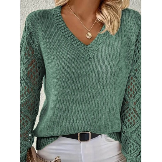 Kadın Uzun Kollu V Yaka Kol Delikli Baklava Desen Detaylı Triko Kazak , 29796