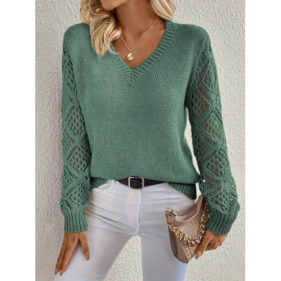 Kadın Uzun Kollu V Yaka Kol Delikli Baklava Desen Detaylı Triko Kazak , 29796