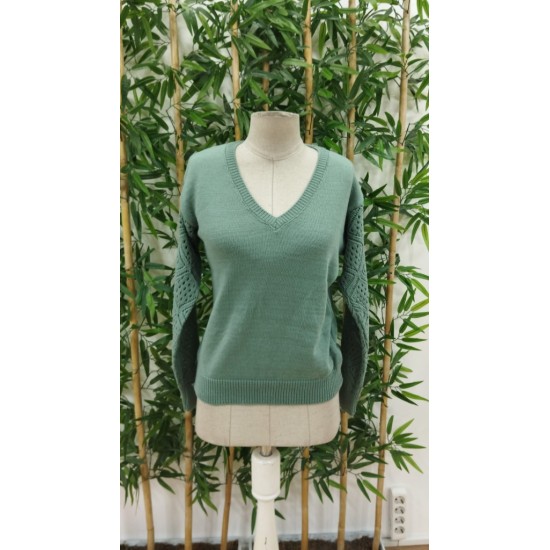 Kadın Uzun Kollu V Yaka Kol Delikli Baklava Desen Detaylı Triko Kazak , 29796