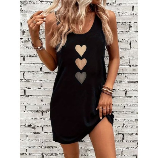 Kadın Askılı Yuvarlak Yakalı Kalp Baskılı Kısa Viskon Elbise, 32908
