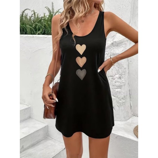 Kadın Askılı Yuvarlak Yakalı Kalp Baskılı Kısa Viskon Elbise, 32908
