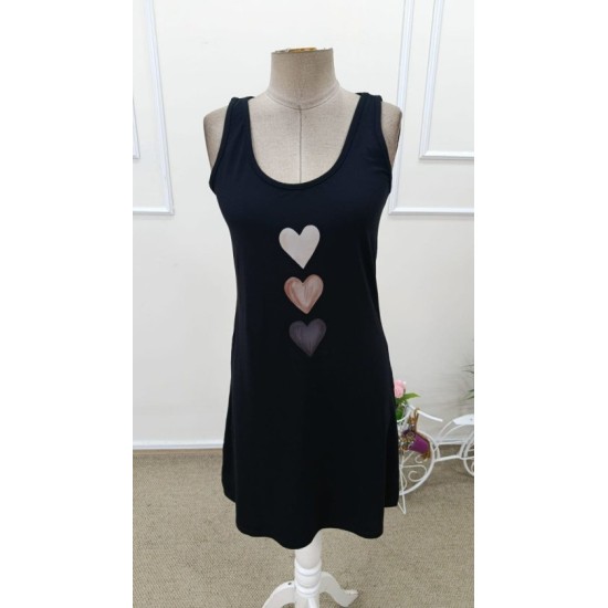 Kadın Askılı Yuvarlak Yakalı Kalp Baskılı Kısa Viskon Elbise, 32908