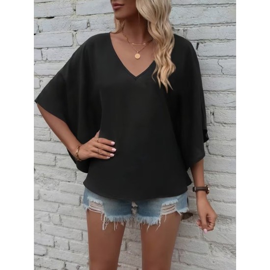 Kadın Kısa Kollu V Yakalı Salaş Viskon Bluz , 32917