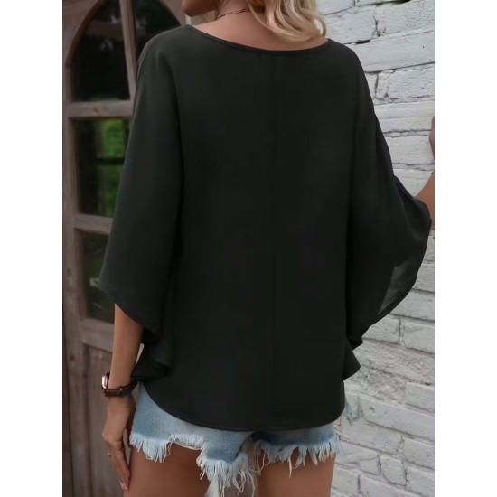 Kadın Kısa Kollu V Yakalı Salaş Viskon Bluz , 32917