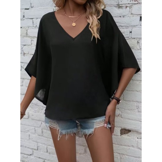 Kadın Kısa Kollu V Yakalı Salaş Viskon Bluz , 32917