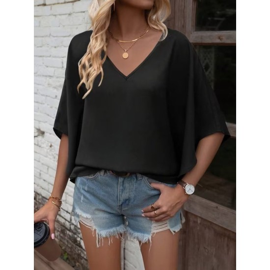 Kadın Kısa Kollu V Yakalı Salaş Viskon Bluz , 32917