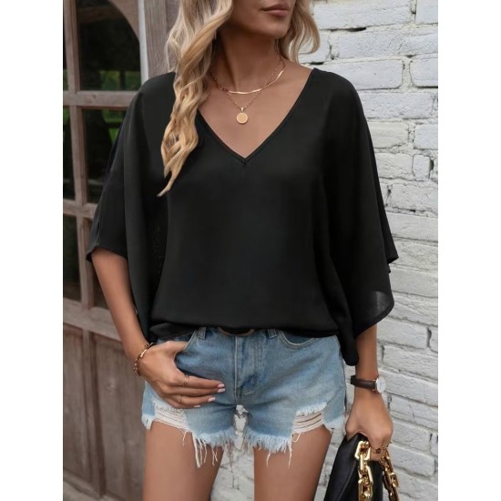 Kadın Kısa Kollu V Yakalı Salaş Viskon Bluz , 32917