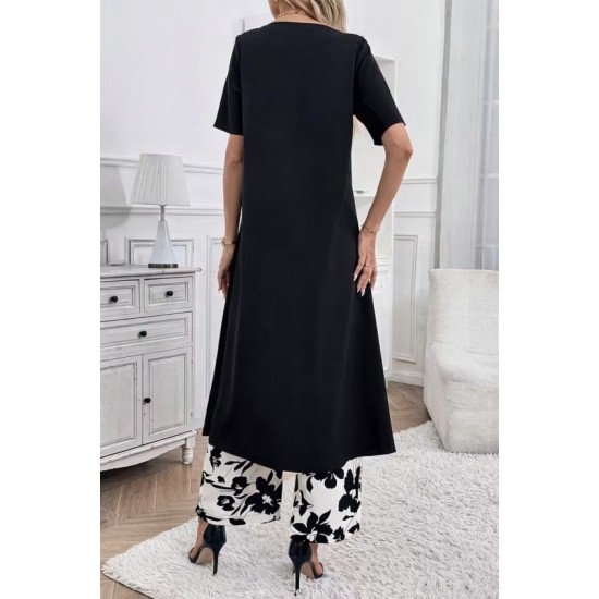 Kadın Kısa Kollu önden çapraz Detaylı Viskon Uzun Bluz Ve Desenli Iki Iplik Pantolon Ikili Takım , 32916