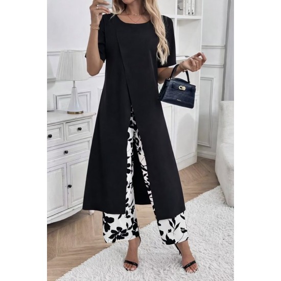 Kadın Kısa Kollu önden çapraz Detaylı Viskon Uzun Bluz Ve Desenli Iki Iplik Pantolon Ikili Takım , 32916