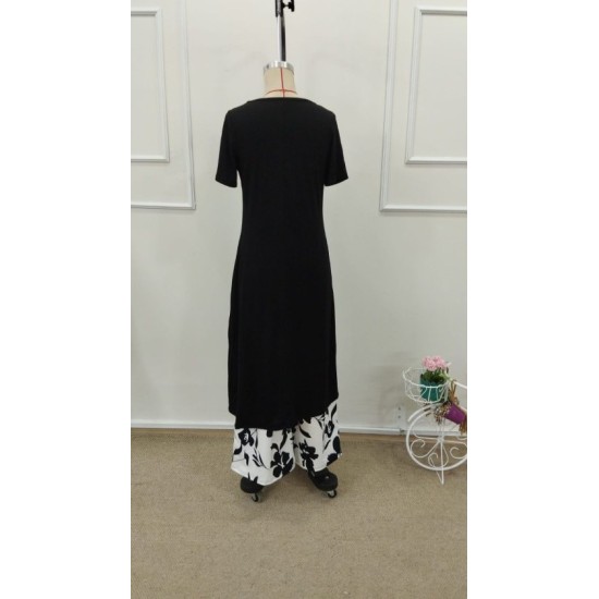 Kadın Kısa Kollu önden çapraz Detaylı Viskon Uzun Bluz Ve Desenli Iki Iplik Pantolon Ikili Takım , 32916