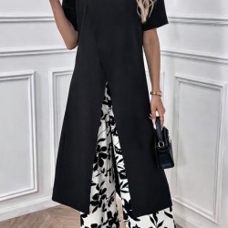 Kadın Kısa Kollu önden çapraz Detaylı Viskon Uzun Bluz Ve Desenli Iki Iplik Pantolon Ikili Takım , 32916