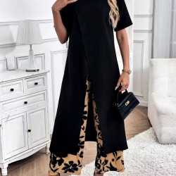 Kadın Kısa Kollu önden çapraz Detaylı Viskon Uzun Bluz Ve Desenli Iki Iplik Pantolon Ikili Takım , 32915