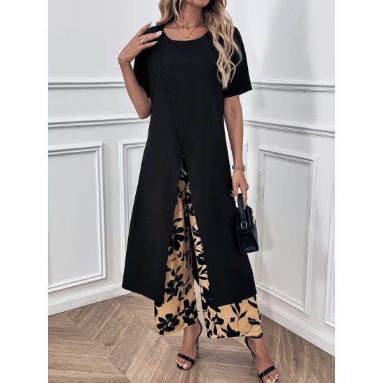 Kadın Kısa Kollu önden çapraz Detaylı Viskon Uzun Bluz Ve Desenli Iki Iplik Pantolon Ikili Takım , 32915