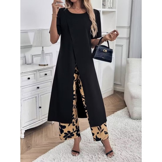 Kadın Kısa Kollu önden çapraz Detaylı Viskon Uzun Bluz Ve Desenli Iki Iplik Pantolon Ikili Takım , 32915