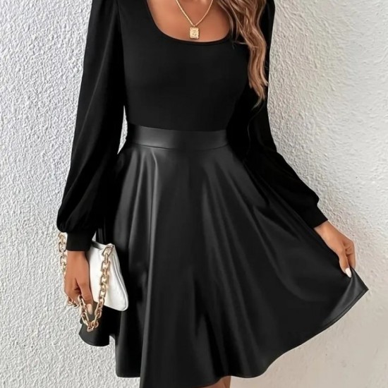 Kadın Uzun Kollu Kare Yaka üst Viskon Alt Deri Mini Elbise , 32931 Kadın Uzun Kollu Kare Yaka üst Viskon Alt Deri Mini Elbise , 32931