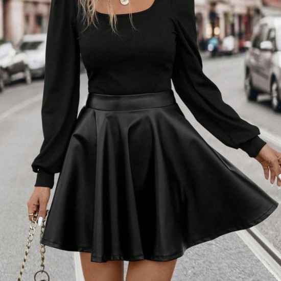 Kadın Uzun Kollu Kare Yaka üst Viskon Alt Deri Mini Elbise , 32931 Kadın Uzun Kollu Kare Yaka üst Viskon Alt Deri Mini Elbise , 32931