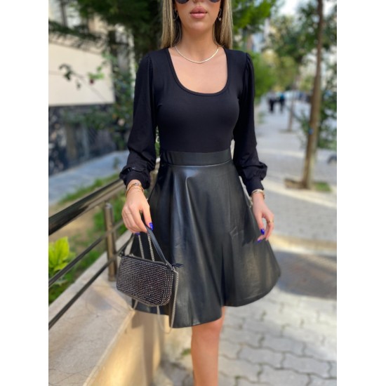 Kadın Uzun Kollu Kare Yaka üst Viskon Alt Deri Mini Elbise , 32931 Kadın Uzun Kollu Kare Yaka üst Viskon Alt Deri Mini Elbise , 32931