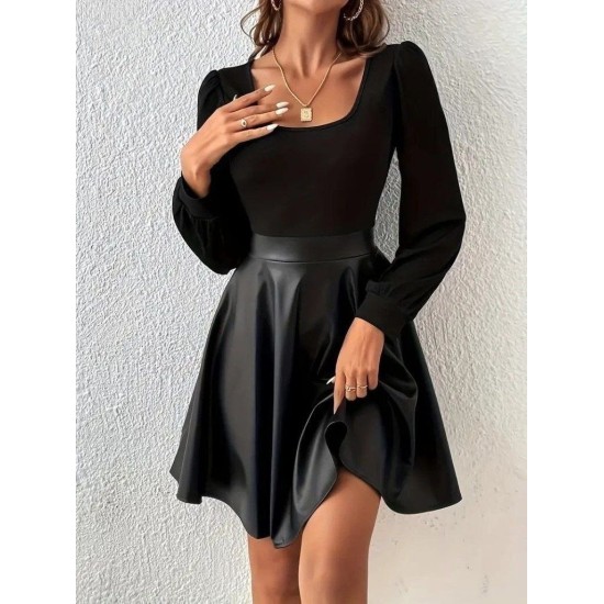 Kadın Uzun Kollu Kare Yaka üst Viskon Alt Deri Mini Elbise , 32931 Kadın Uzun Kollu Kare Yaka üst Viskon Alt Deri Mini Elbise , 32931