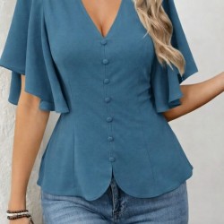 Kadın Kısa Kollu önden Düğmeli Ithal Krep Bluz , 32929