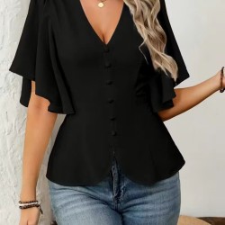 Kadın Kısa Kollu önden Düğmeli Ithal Krep Bluz , 32928