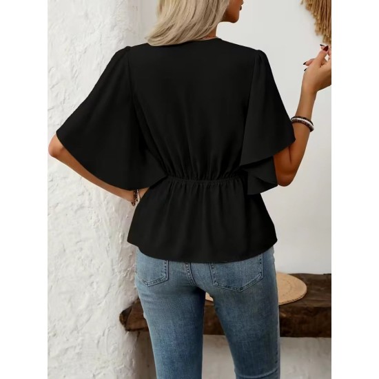 Kadın Kısa Kollu önden Düğmeli Ithal Krep Bluz , 32928