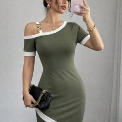 Kadın Kısa Kollu Asimetrik Kesim Yaka şerit Ve Aksesuar Detaylı Modal Elbise , 32926 Kadın Kısa Kollu Asimetrik Kesim Yaka şerit Ve Aksesuar Detaylı Modal Elbise , 32926