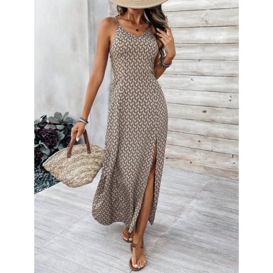 Kadın Ip Askılı V Yakalı Yırtmaçlı Uzun Süprem Elbise, 32920