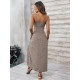 Kadın Ip Askılı V Yakalı Yırtmaçlı Uzun Süprem Elbise, 32920