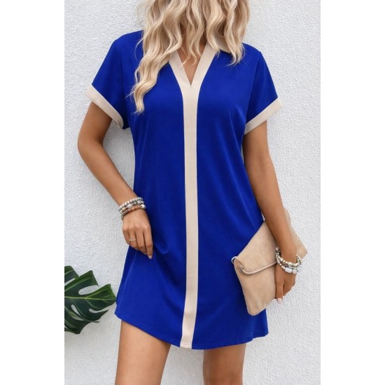 Kadın Kısa Kollu V Yakalı Onden şerit Detaylı Yakalı Kısa Janjan Krep Elbise, 32935