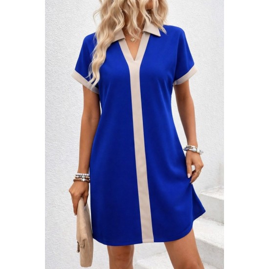 Kadın Kısa Kollu V Yakalı Onden şerit Detaylı Yakalı Kısa Janjan Krep Elbise, 32935